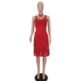Fashionable and sexy solid color fringed suspender skirt