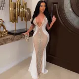 Mesh hot and diamond sling deep V perspective evening dress women's dress