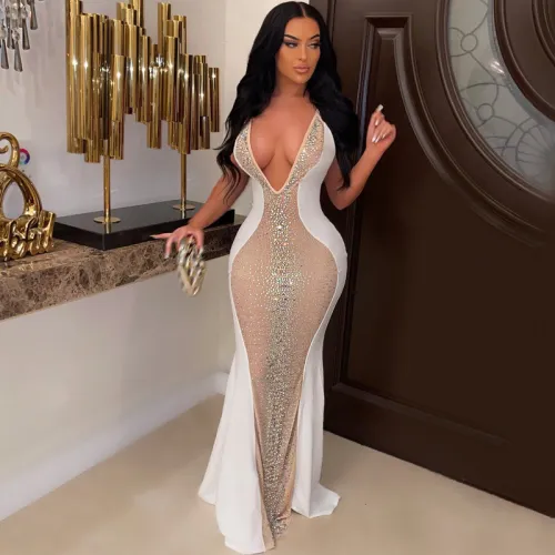 Mesh hot and diamond sling deep V perspective evening dress women's dress