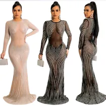 Mesh Hot Drilling Tight Perspective Long Evening Dress Women's Dresses