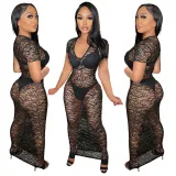 Night show women's sexy see-through short-sleeved hip dress