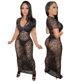 Night show women's sexy see-through short-sleeved hip dress