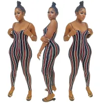 Stylish Vertical Stripe Print Suspender Jumpsuit