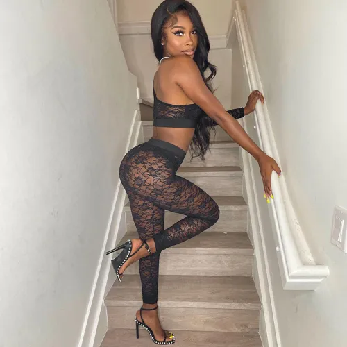 Sexy Perspective Lace High Waist Hip Raise Thin Sports Casual Pants