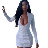 Sexy stand-up collar long-sleeved stitching package hip dress