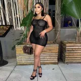 Fashion Sexy Sling Mesh See-Through Hip Dress