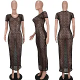 Night show women's sexy see-through short-sleeved hip dress
