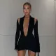Solid color long-sleeved V-neck halterneck pleated new dress