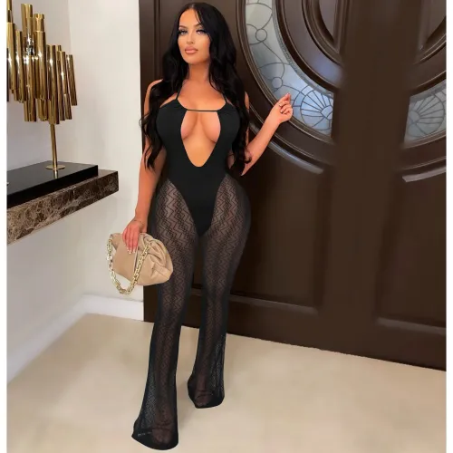 Mesh + milk silk nightclub halter neck perspective mesh sexy jumpsuit