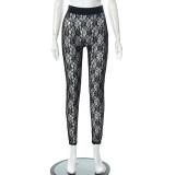 Sexy Perspective Lace High Waist Hip Raise Thin Sports Casual Pants
