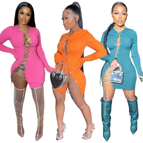 Chain Tie Hollow Out Fashion Sexy Tight Women's Dress