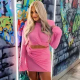 Sexy lace-up long-sleeved ladies suit with hip skirt two-piece set
