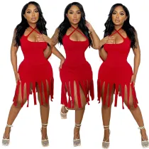 Fashionable and sexy solid color fringed suspender skirt