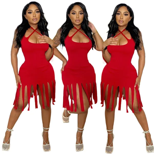 Fashionable and sexy solid color fringed suspender skirt