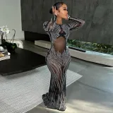 Mesh Hot Drilling Tight Perspective Long Evening Dress Women's Dresses