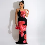 Dress red flower print open back slit maxi dress