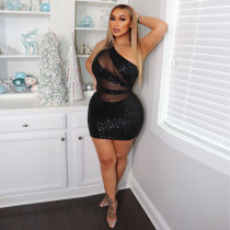 Sequin stitching mesh see-through tight sexy plus size women's dress