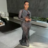 Mesh Hot Drilling Tight Perspective Long Evening Dress Women's Dresses