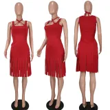 Fashionable and sexy solid color fringed suspender skirt