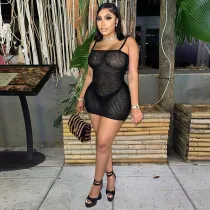Fashion Sexy Sling Mesh See-Through Hip Dress
