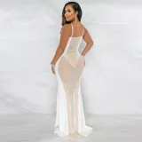 Mesh hot and diamond sling deep V perspective evening dress women's dress