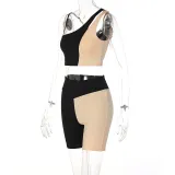 Contrast color stitching two-piece one-shoulder sports fitness suit