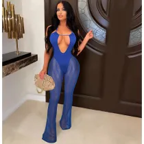 Mesh + milk silk nightclub halter neck perspective mesh sexy jumpsuit