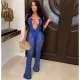 Mesh + milk silk nightclub halter neck perspective mesh sexy jumpsuit