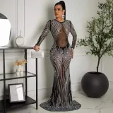 Mesh Hot Drilling Tight Perspective Long Evening Dress Women's Dresses