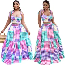 Fashion long skirt suit wrap chest vest large swing skirt