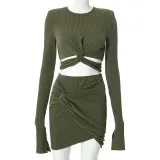 Sexy lace-up long-sleeved ladies suit with hip skirt two-piece set