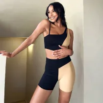 Contrast color stitching two-piece one-shoulder sports fitness suit