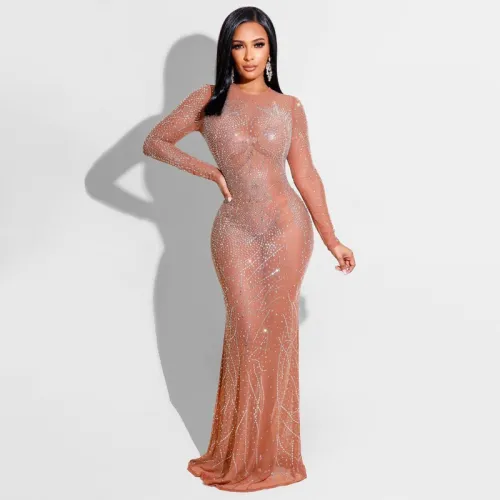 Perspective Mesh Hot Diamond Long Evening Dress Women's Dresses