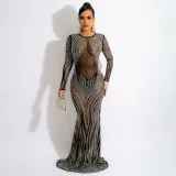 Mesh Hot Drilling Tight Perspective Long Evening Dress Women's Dresses
