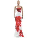 Dress red flower print open back slit maxi dress