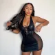 Sexy Halter Mesh Panel PU Leather Body Dress