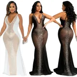Mesh hot and diamond sling deep V perspective evening dress women's dress