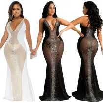 Mesh hot and diamond sling deep V perspective evening dress women's dress