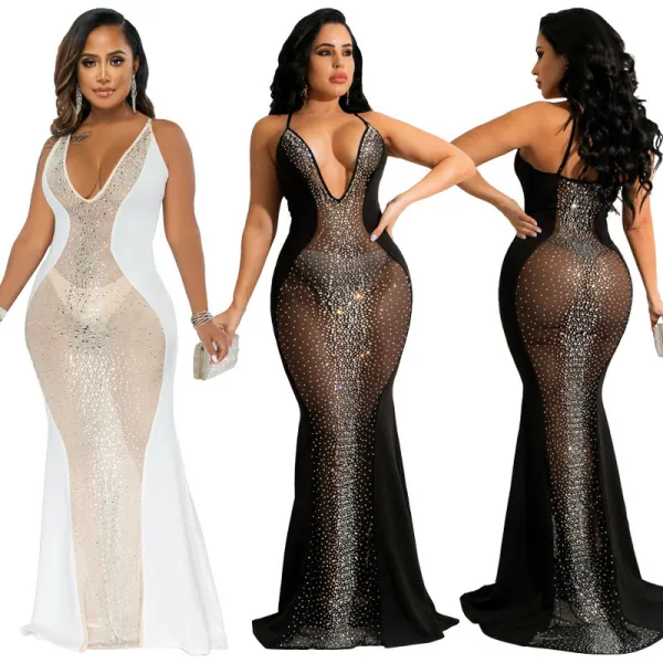 Mesh hot and diamond sling deep V perspective evening dress women's dress