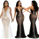 Mesh hot and diamond sling deep V perspective evening dress women's dress