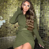 Sexy lace-up long-sleeved ladies suit with hip skirt two-piece set