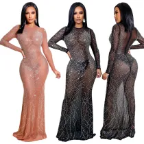Perspective Mesh Hot Diamond Long Evening Dress Women's Dresses