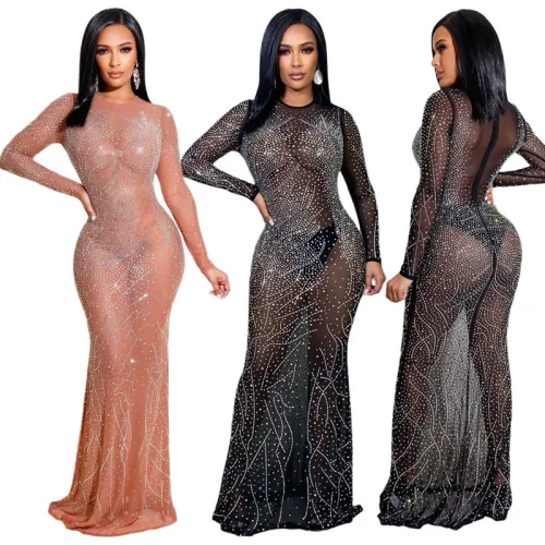 Perspective Mesh Hot Diamond Long Evening Dress Women's Dresses