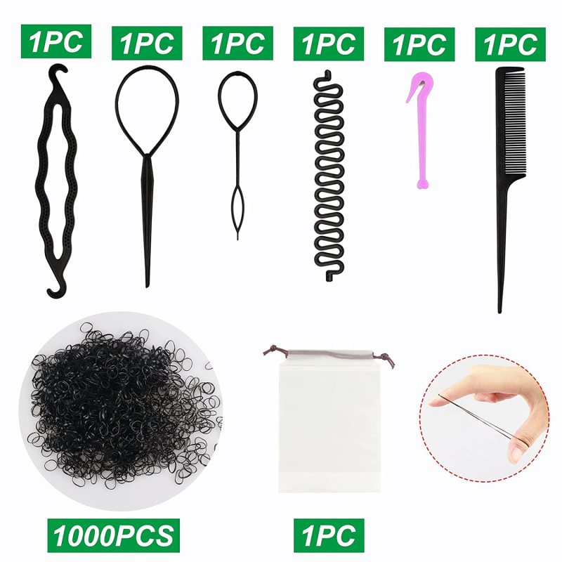 Beauty.H.C 1000Pcs Durable Elastic Hair Ties Small Rubber Bands for Hair Set with 6Pcs Hair Styling Tool( Topsy Tail Hair Tool &French Braiding &Hair Bun Maker &Remove cutter) Hair Accessories for Girl (Black)