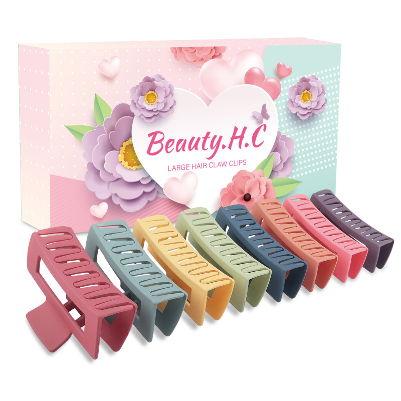 Beauty.H.C 8Pcs Big Aesthetic Stuff Hair Claw Clips Nonslip Rectangular Hair Clips for Thick Thin Long Hair French Design Banana Hair Clips for 90's Women Girls, Valentine's Day Christmas Thanksgiving Fancy Gift