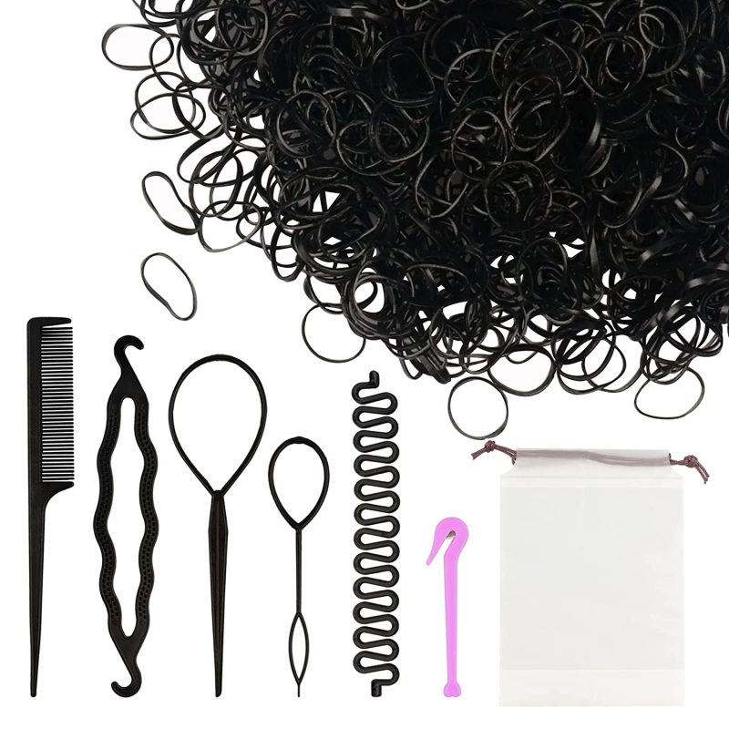 Beauty.H.C 1000Pcs Durable Elastic Hair Ties Small Rubber Bands for Hair Set with 6Pcs Hair Styling Tool( Topsy Tail Hair Tool &French Braiding &Hair Bun Maker &Remove cutter) Hair Accessories for Girl (Black)
