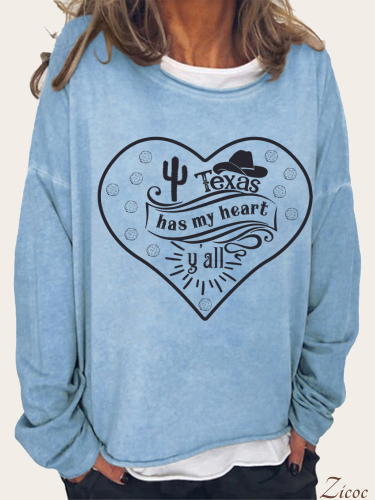 Texas Has My Heart Y'all With Texas Map Long Sleeve Loose Cutting Plus Size Spring/Fall Sweatshirt