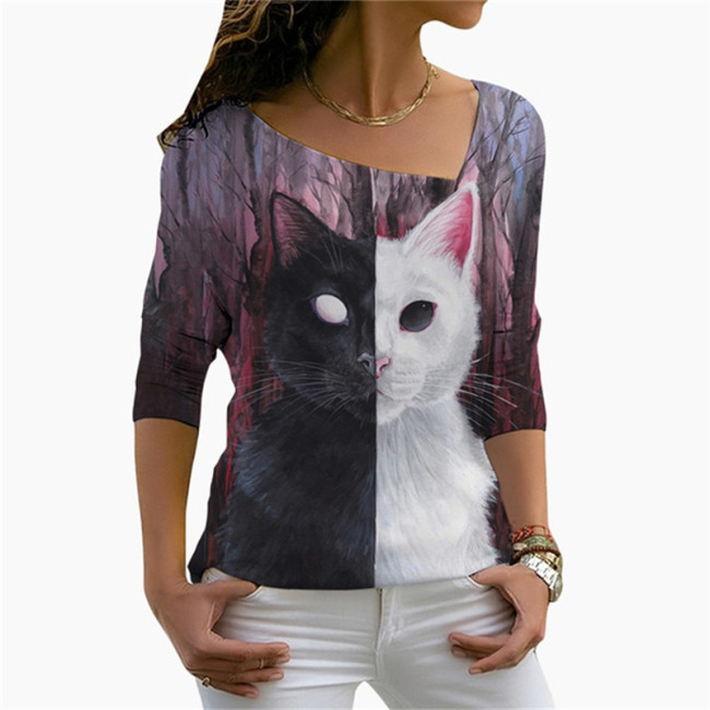 Women's Cat Printed Casual Mid-Sleeve T-Shirt Top