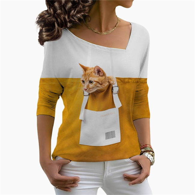 Women's Cat Printed Casual Mid-Sleeve T-Shirt Top