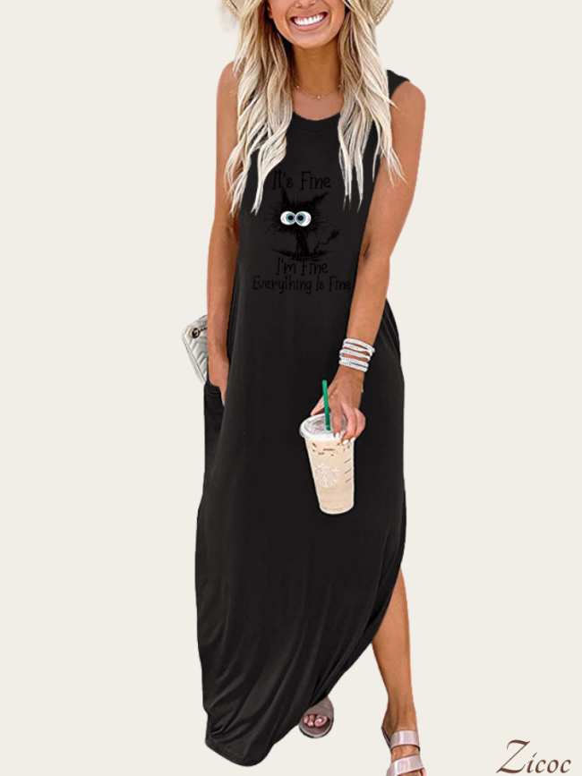 It' Fine,I'am Fine Everything is Fine Women's Causal Loose Long Dress With Side Packet